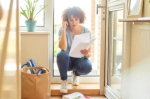 Woman at doorway looking at papers