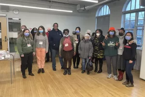 A group inside with masks